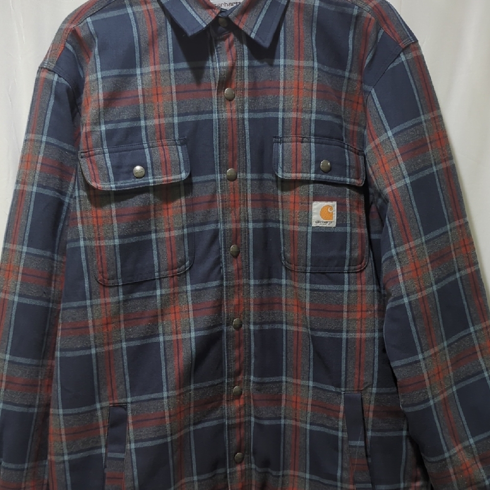 Carhartt Navy and Red Plaid Sherpa Lined Flannel Large